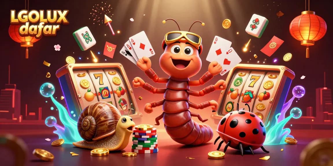 Play and win at LGOLUX daftar with a cartoon dealer and exciting slot elements in a vibrant scene.