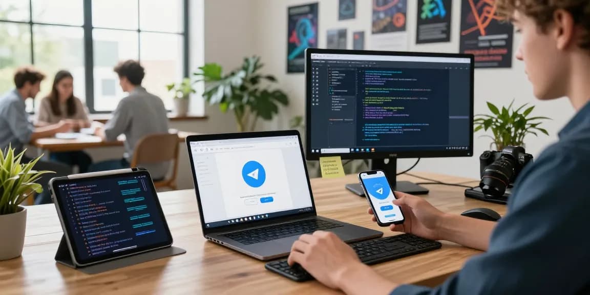 Experience seamless communication with Telegram Download, featuring multiple devices in a modern workspace.