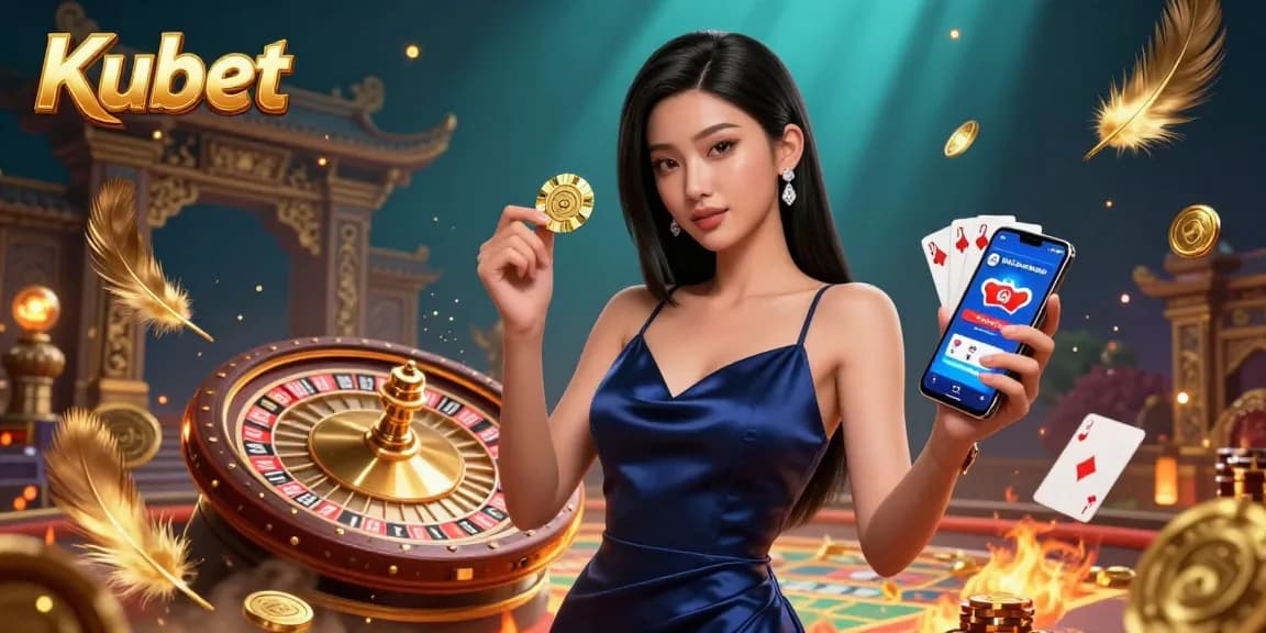 Kubet offers immersive online gaming experiences, highlighting an Asian woman engaging in casino betting with a smartphone.