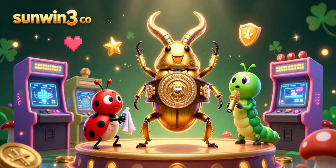 Engage with sunwin3 co's vibrant casino world as a golden stag beetle battles surrounded by arcade elements.