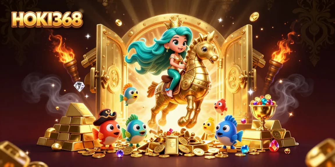 HOKI368 enchants players with vivid 3D mermaid casino magic amidst treasures and lively characters.