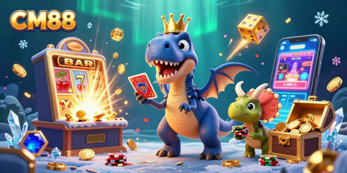 Engage in thrilling gameplay with CM88, where cute cartoon dinosaurs stack chips and shuffle cards amid a vibrant casino