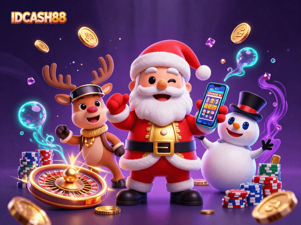 Experience thrilling jackpots with IDCASH88 in a vibrant festive casino scene featuring Santa and friends.