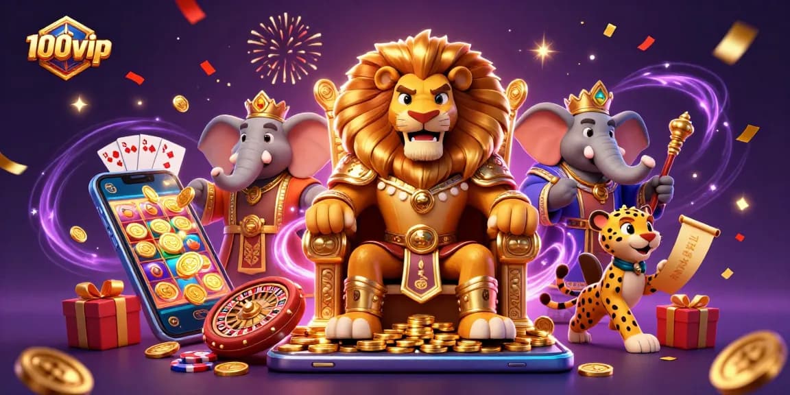 Experience 100vip's thrilling 3D casino scene with a majestic lion king and vibrant game action.