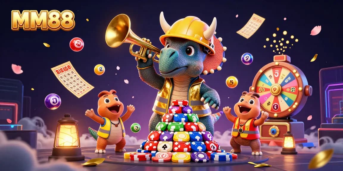 MM88 reveals exciting bonuses with a lively casino scene showcasing joyful characters and dynamic game elements