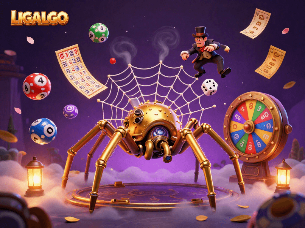 LIGALGO's 3D steampunk spider captures dice with golden chains and lively gaming elements.