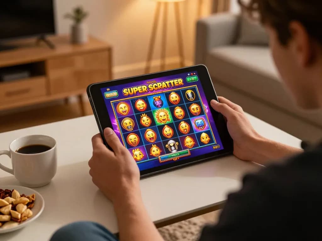 Engaging in Pragmatic Play’s Super Scatter slot game on a tablet while using UG DEWA for transactions.