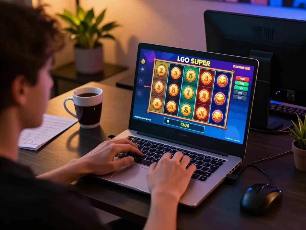 LGO SUPER player immersed in online slots at home, engaging in responsible gaming.