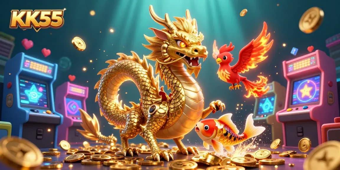 Experience the thrilling world of KK55 with a fierce dragon, phoenix, and koi fish amidst vibrant casino elements.