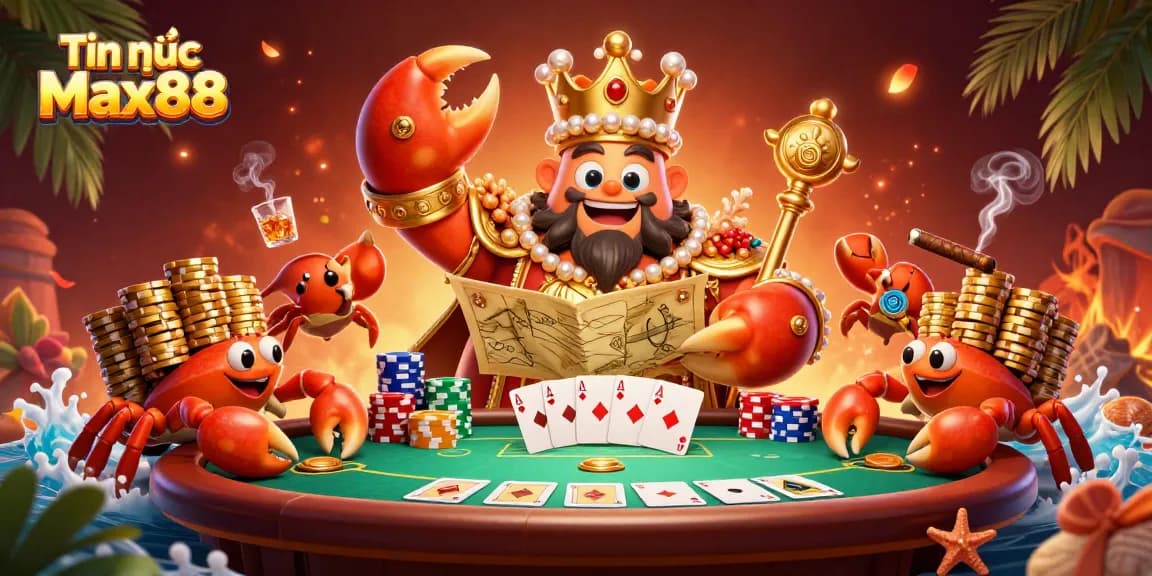 Engaging illustration of Tin tức Max88 featuring a golden crab emperor and vibrant poker elements.