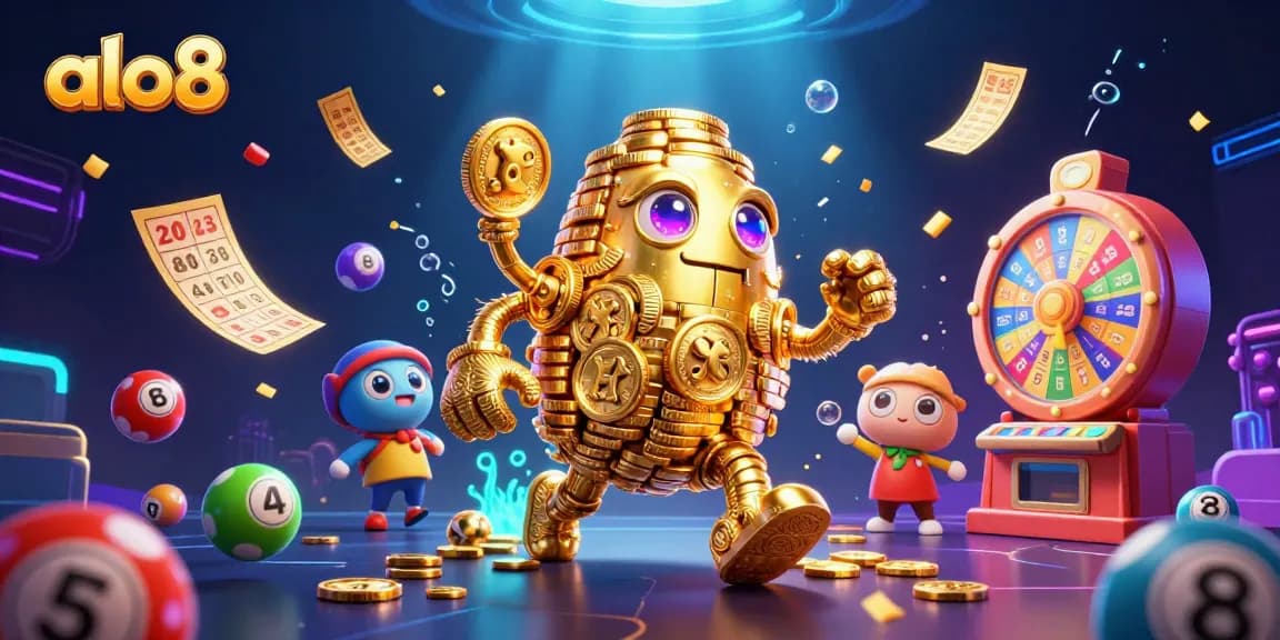 Experience exciting winning moments with alo8's vibrant casino games featuring a golden golem and colorful lottery balls.