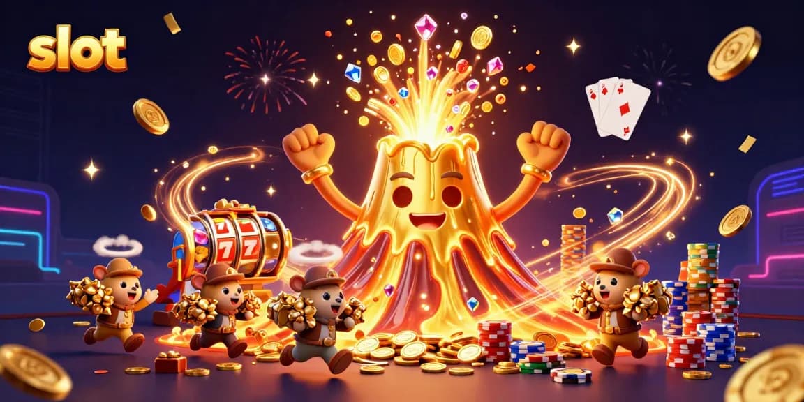 Play engaging slot games amidst a triumphant golden volcano eruption of coins and treasures.