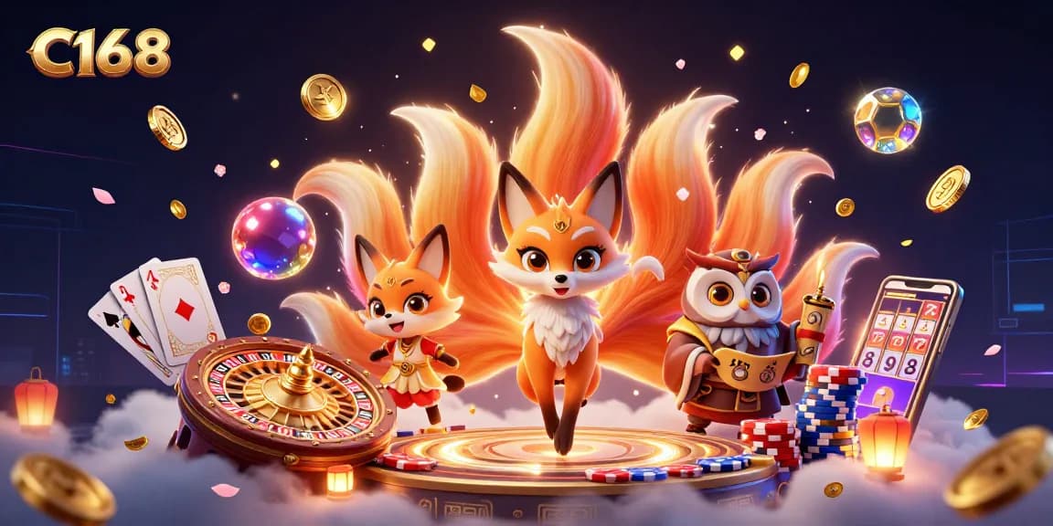C168 spins the roulette wheel, welcomed by a glowing fox spirit and wise owl sage in vibrant fantasy.