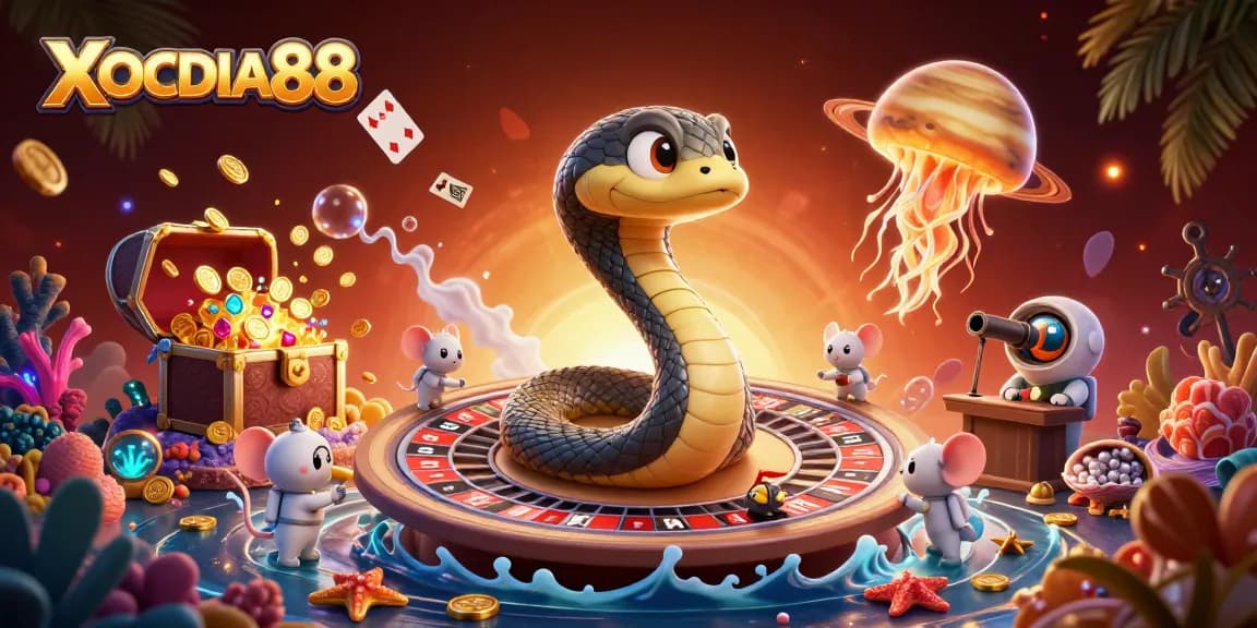 Experience the thrill of XOCDIA88 with a vibrant scene featuring a cosmic roulette and adventurous characters.