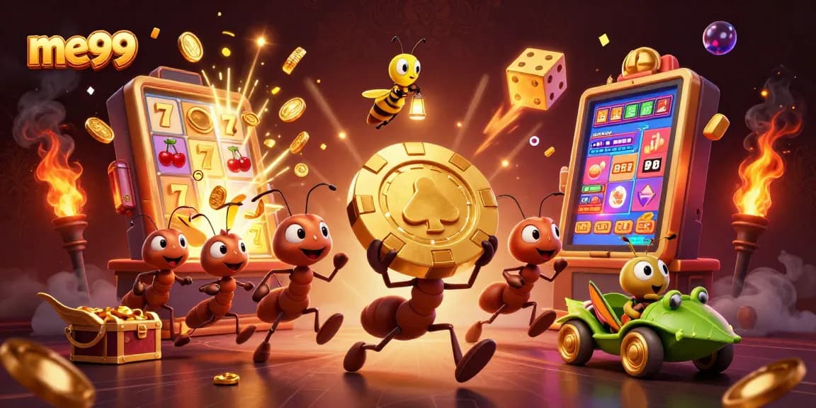 Witness me99's team of ants successfully executing a casino heist with golden poker chips amidst vibrant game elements.