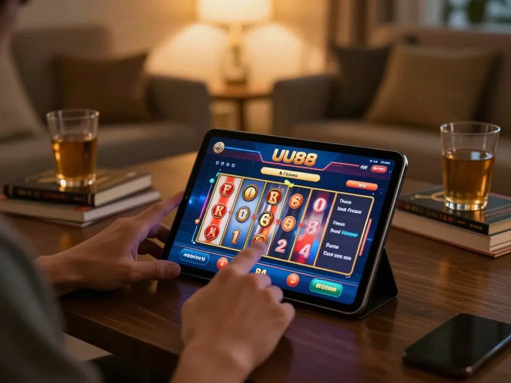 Engaging with UU88 online slots app during cozy gaming session at home.