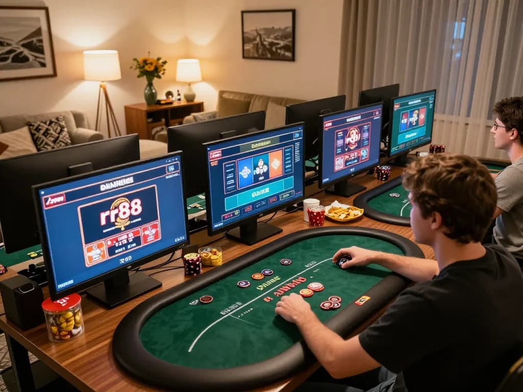 Player enjoying rr88 online casino gameplay with multiple screens showcasing poker and slots