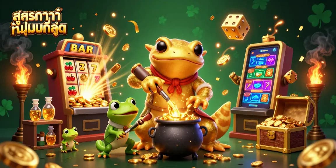 Experience the magic of สูตรบาคาร่าที่แม่นที่สุด with a gold-transmuting alchemist and vibrant casino elements.