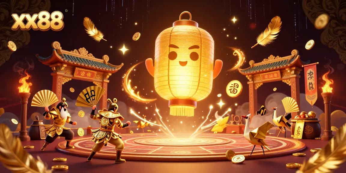 Experience the excitement at xx88, where a golden lantern spirit and companions bring luck in a dynamic casino scene.
