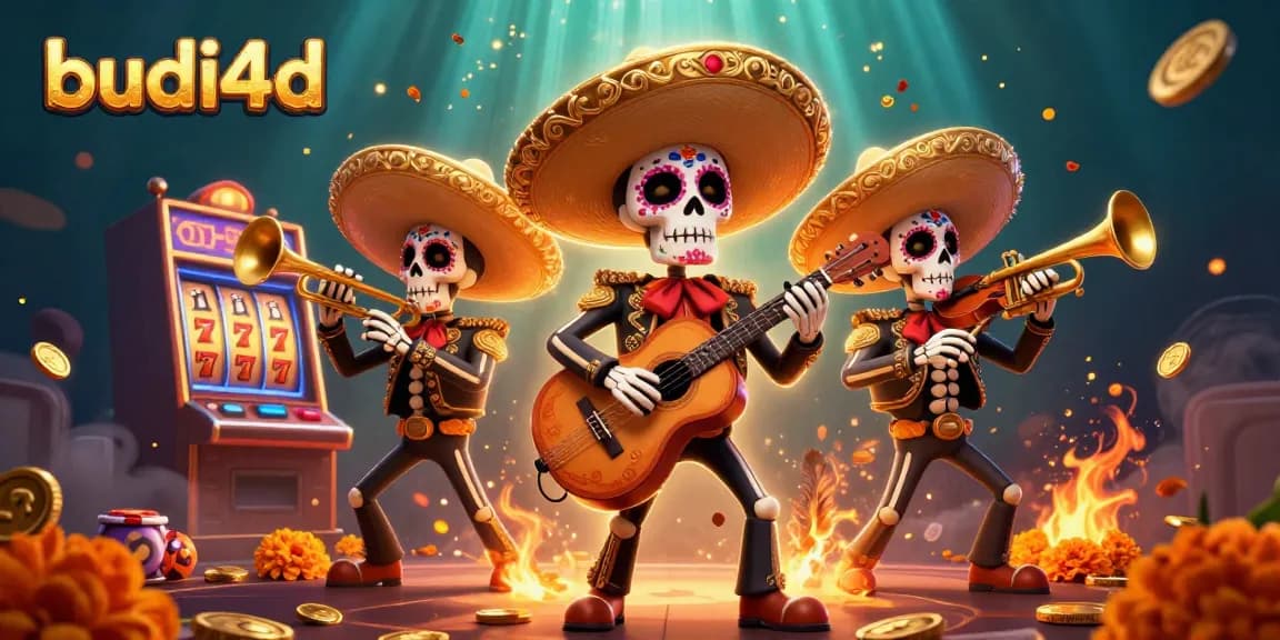 Engage with budi4d as Day of the Dead skeleton mariachis play surrounded by gold coins and slot elements.