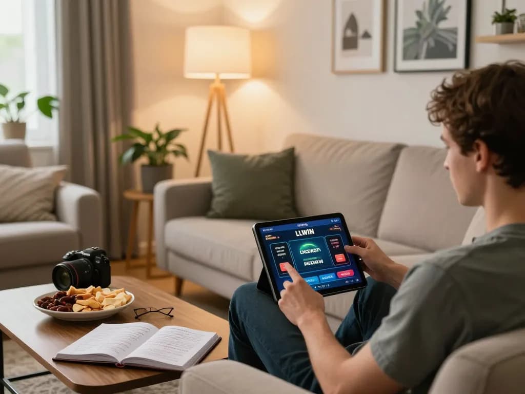 Engaging in LLWIN online casino gaming on a tablet in a cozy home environment