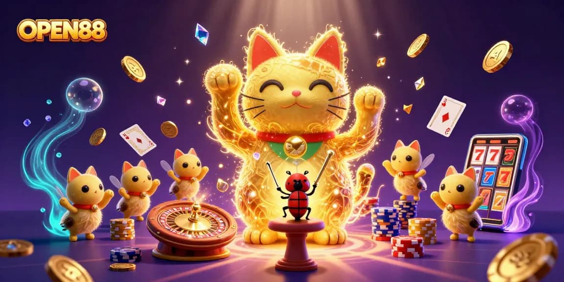 Engage in exciting betting experiences at OPEN88 with a vibrant lucky cat and casino-themed imagery.