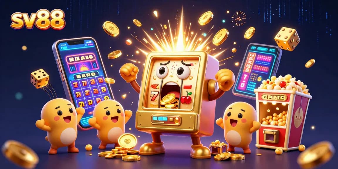 sv88 wins big with a dazzling jackpot scene, vibrant golden slot machine celebration.