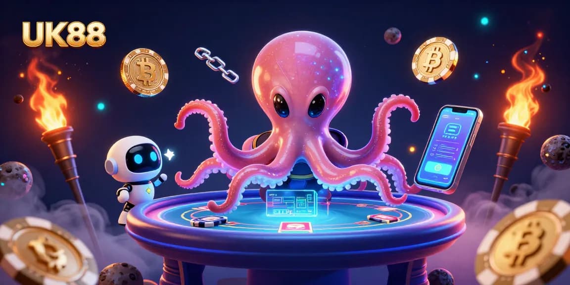 Engage with UK88's vibrant gaming universe featuring an alien octopus and futuristic poker table.