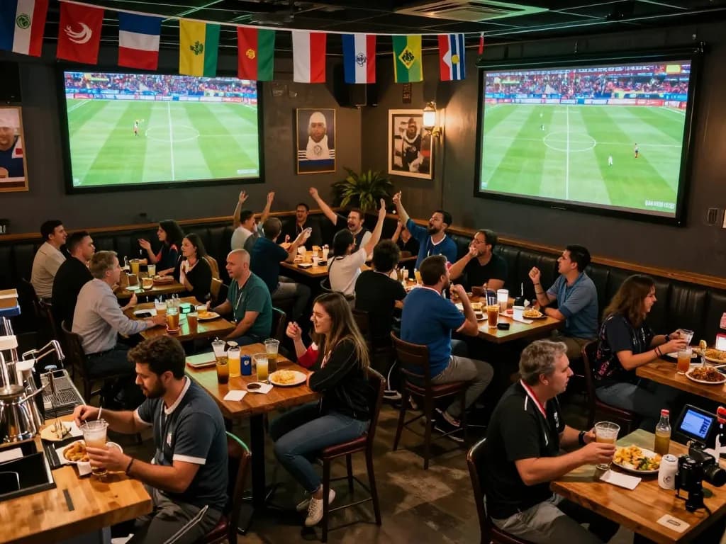 Fans celebrate goals during World Cup 2026 viewing at a lively sports bar.