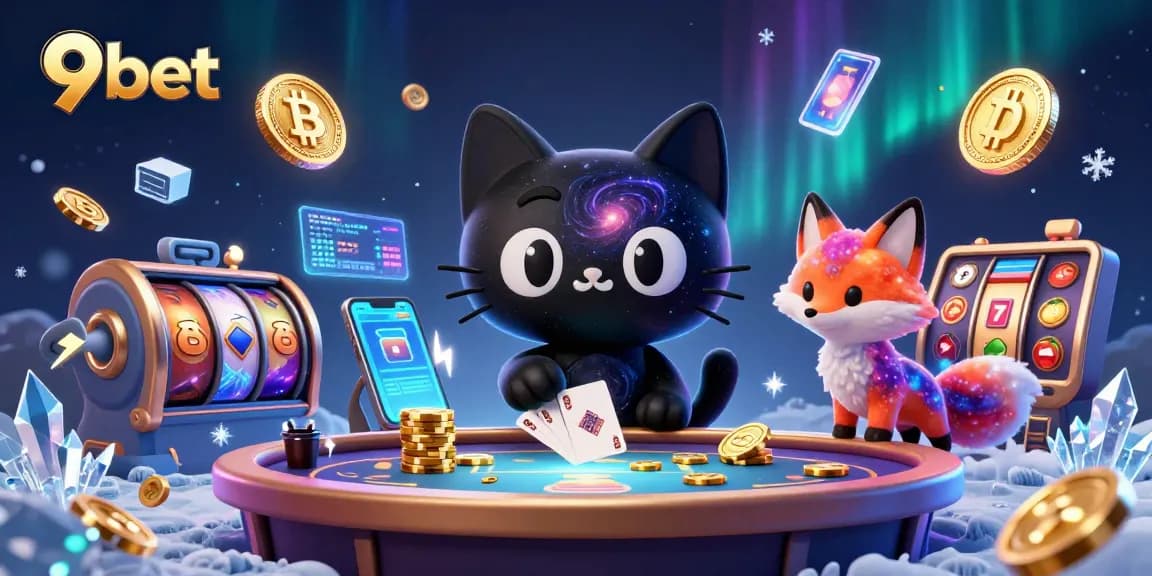 Experience the excitement of 9bet with a cosmic casino scene featuring a black hole cat and vibrant elements.