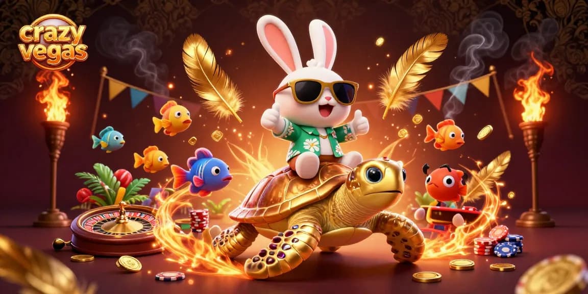 Experience the thrill of crazyvegas with a lucky rabbit and golden turtle in an exciting casino scene.