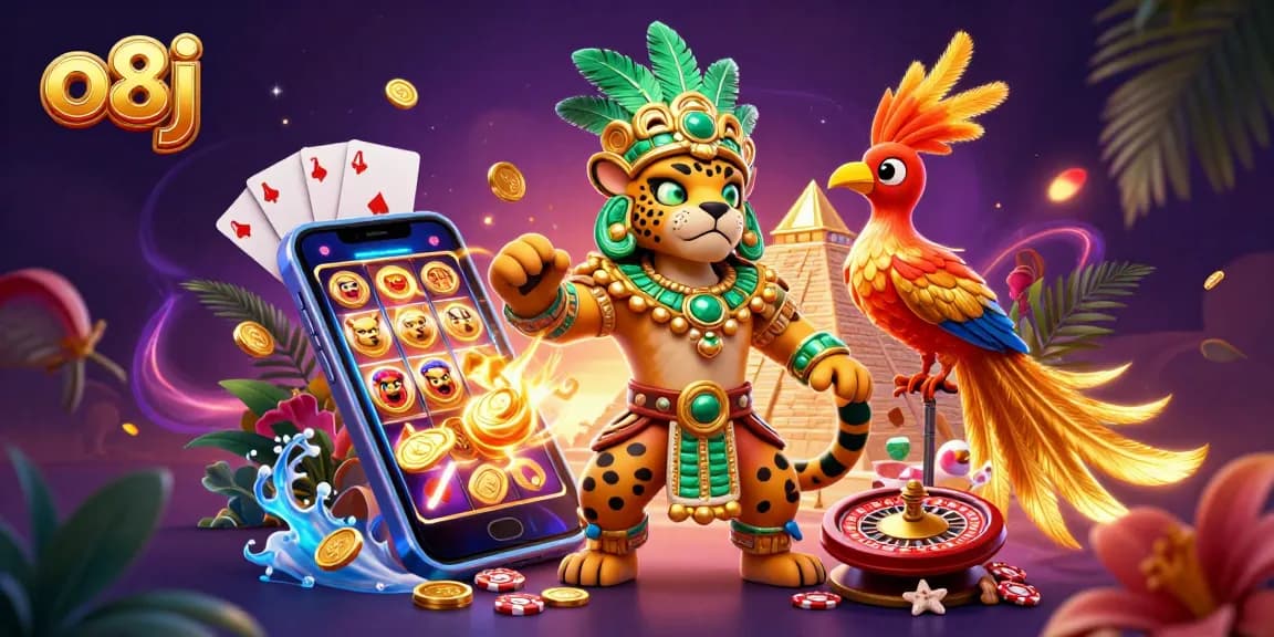 Engage with o8j's rich 3D casino scene featuring vibrant slot games and Mayan characters.