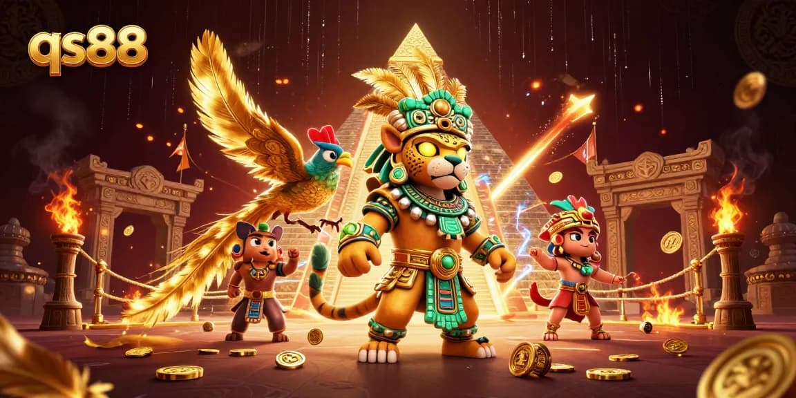 Engage with qs88's vibrant casino experience featuring a Mayan jaguar priest illustration.
