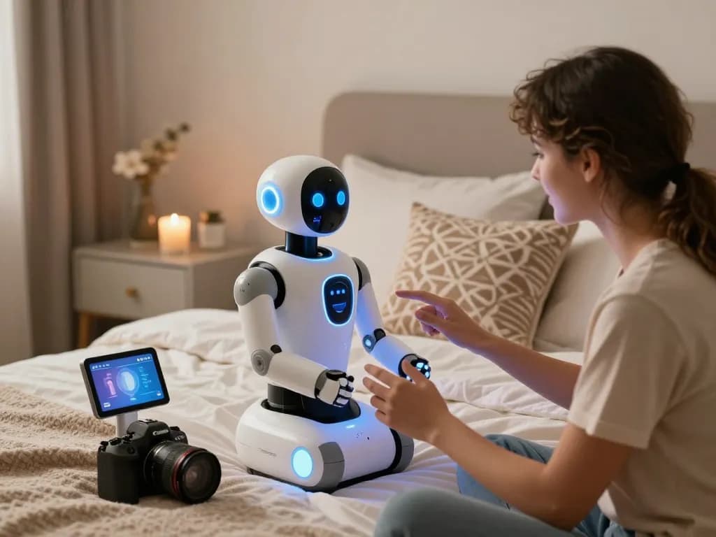 Couple exploring ai sex robot interaction in a stylish bedroom setting, showcasing technology and intimacy.