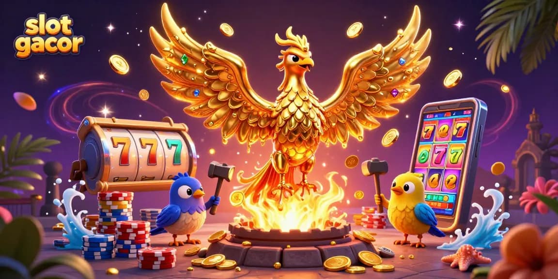 Experience the thrill of slot gacor with golden phoenix amid coins, spinning slots, and vibrant casino elements.