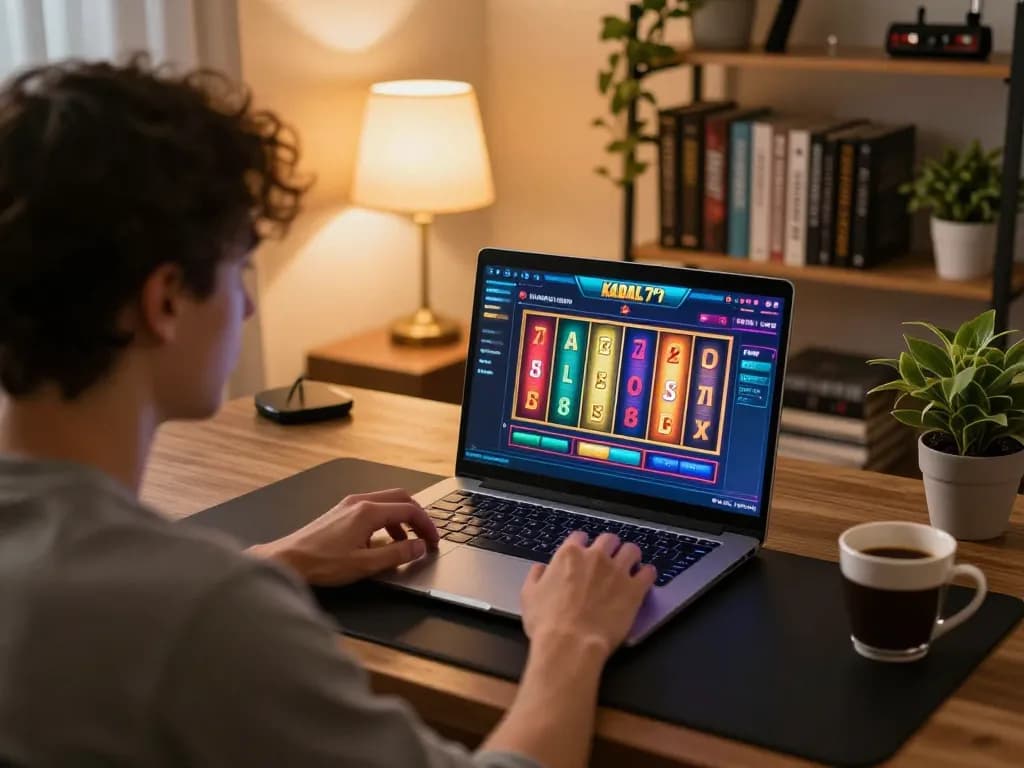 KADAL 778 player engaging with online slots game on cozy home laptop.