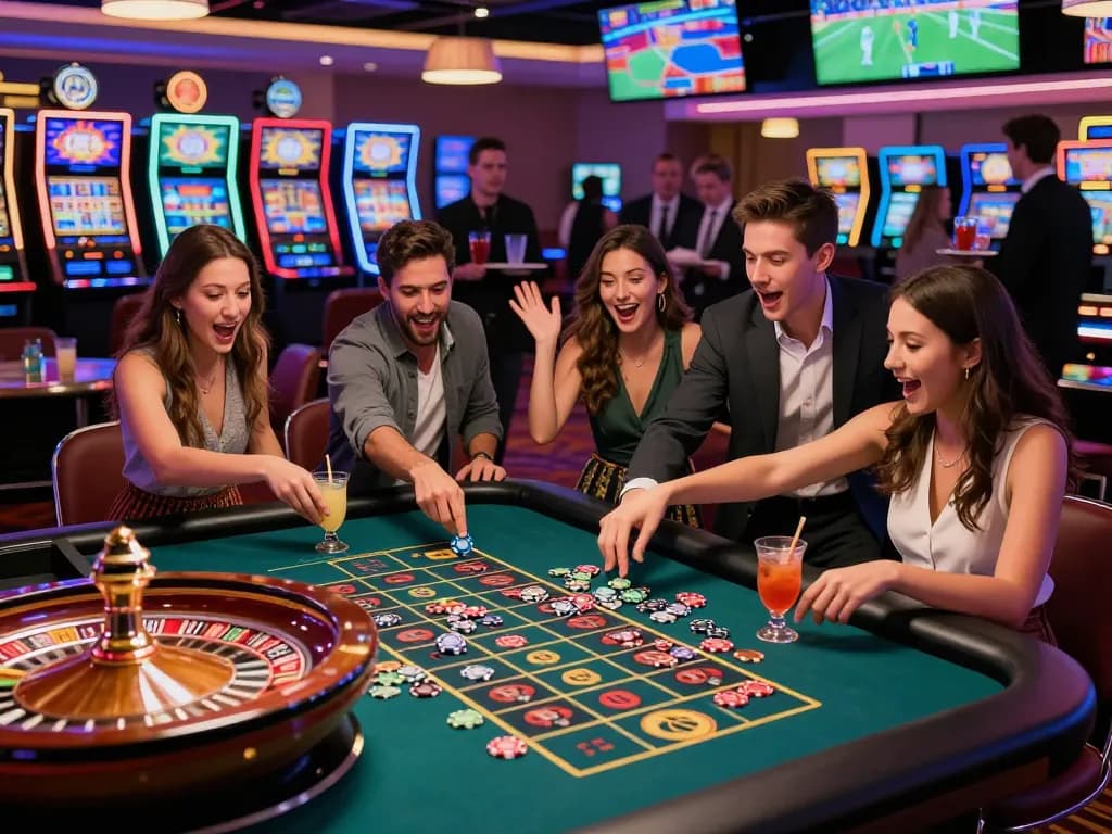 Friends celebrating at a ligasedayu roulette table in a lively casino