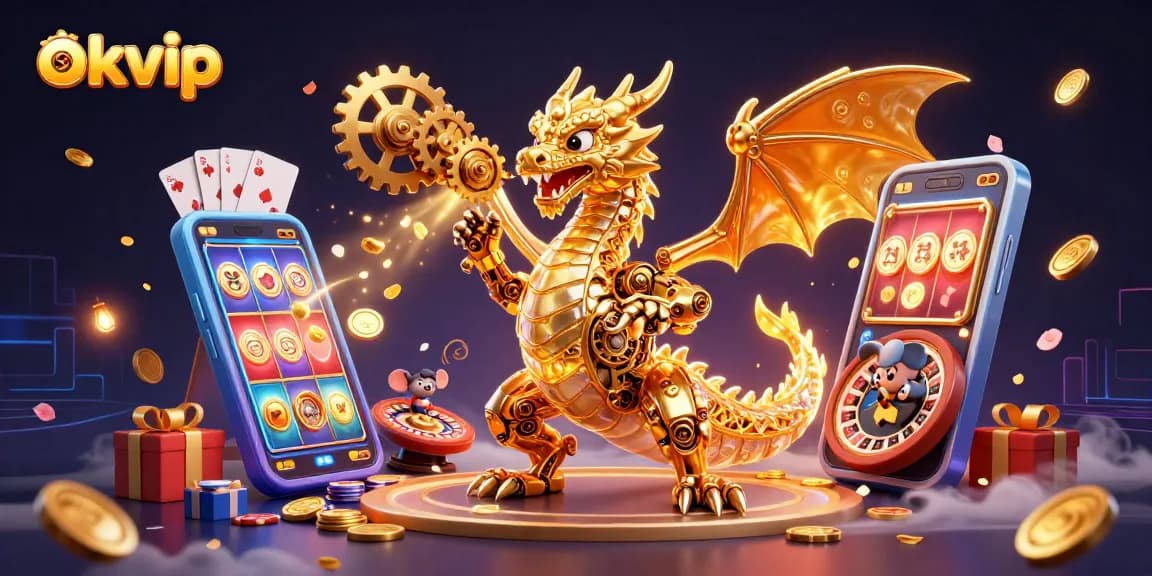 Experience winning gameplay with okvip's dynamic dragon and gaming elements in a vibrant casino setting.