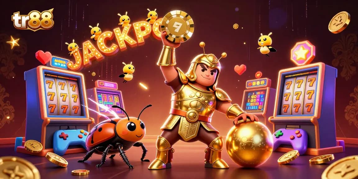 Win big at tr88 with the herculean beetle leading the jackpot celebration in this vibrant casino illustration.
