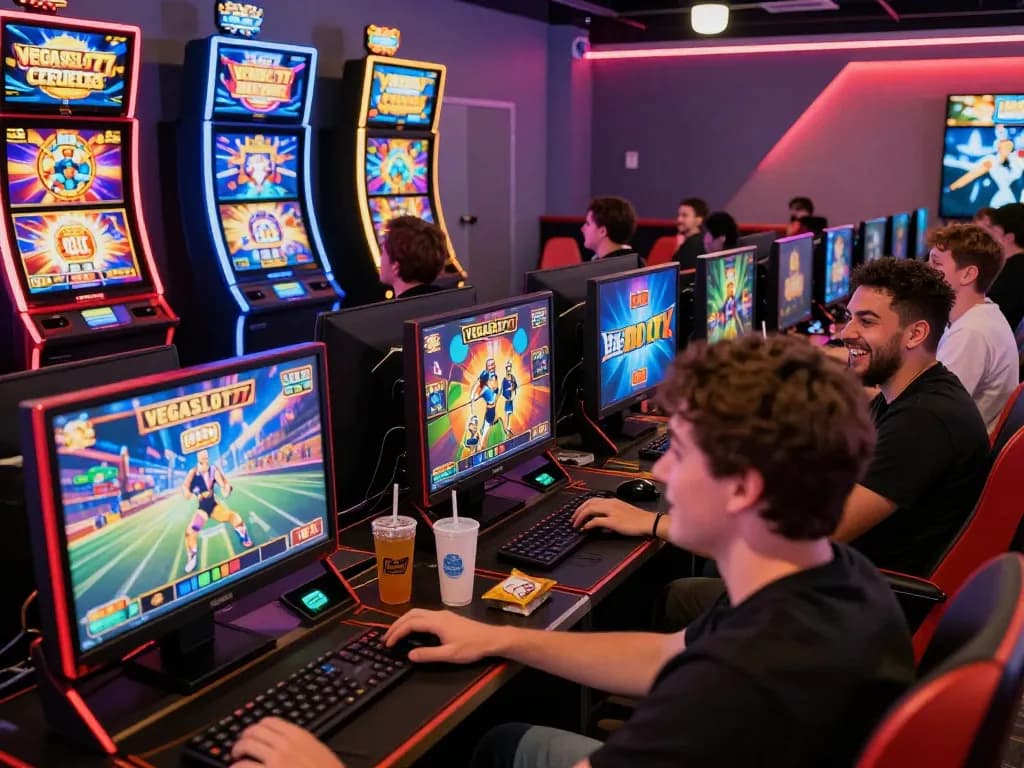 Dynamic gaming moment at vegasslot77.com with players enjoying slot machines in an exciting atmosphere.