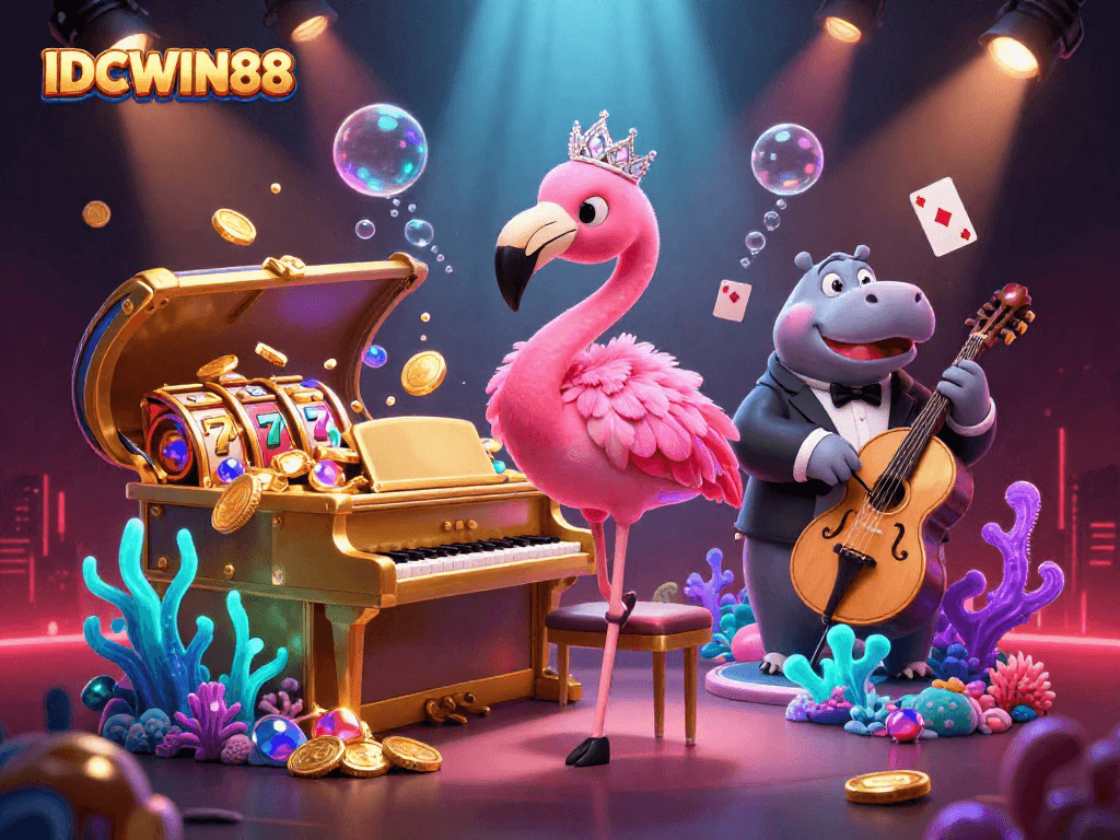 Experience thrilling gaming with IDCWIN88's ultimate casino scene featuring vibrant characters and dynamic elements.