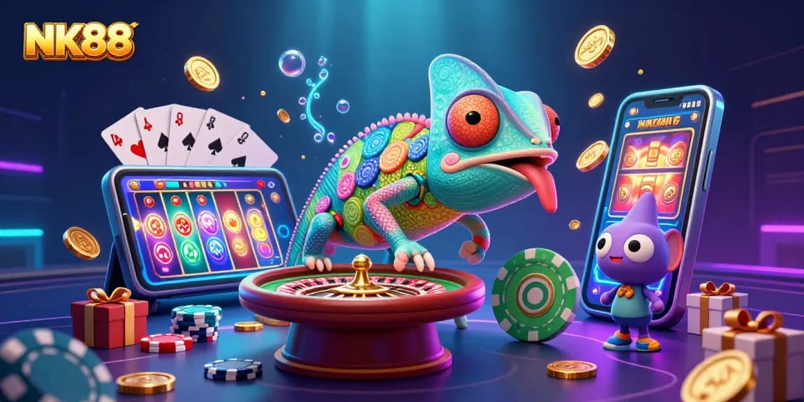 Engage with NK88's vibrant casino universe featuring a playful chameleon collecting coins.