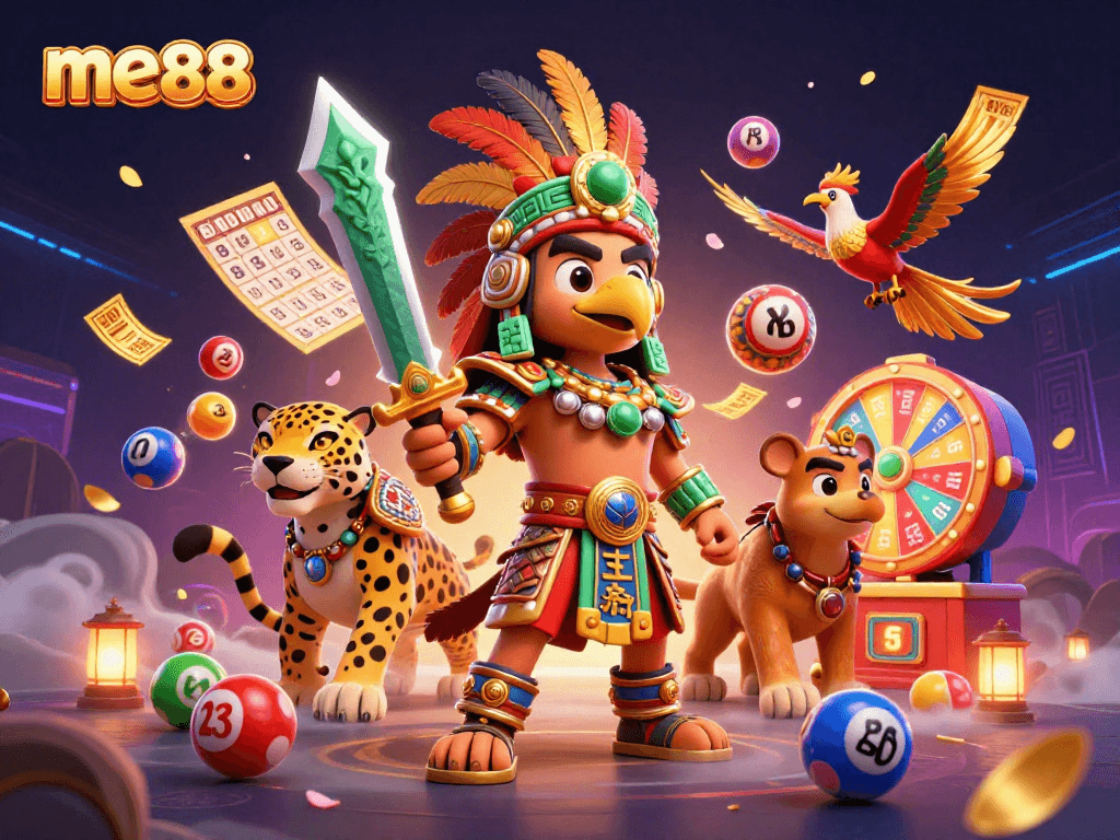 Engage in exciting me88 lottery action with vibrant balls, prize wheels, and golden tickets in a dynamic casino scene.