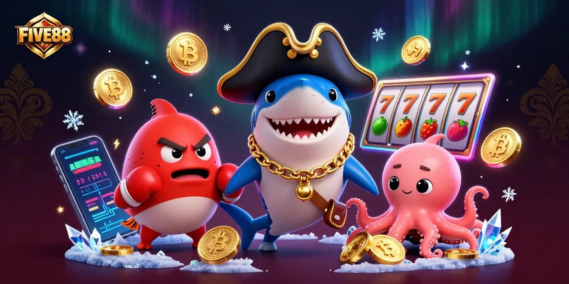 Engage with FIVE88 as cartoon characters celebrate wins with slot reels, coins, and blockchain elements.