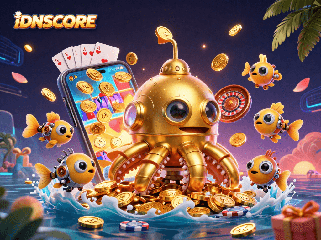 Engage with IDNSCORE's loyalty rewards in this vibrant casino-themed 3D illustration.