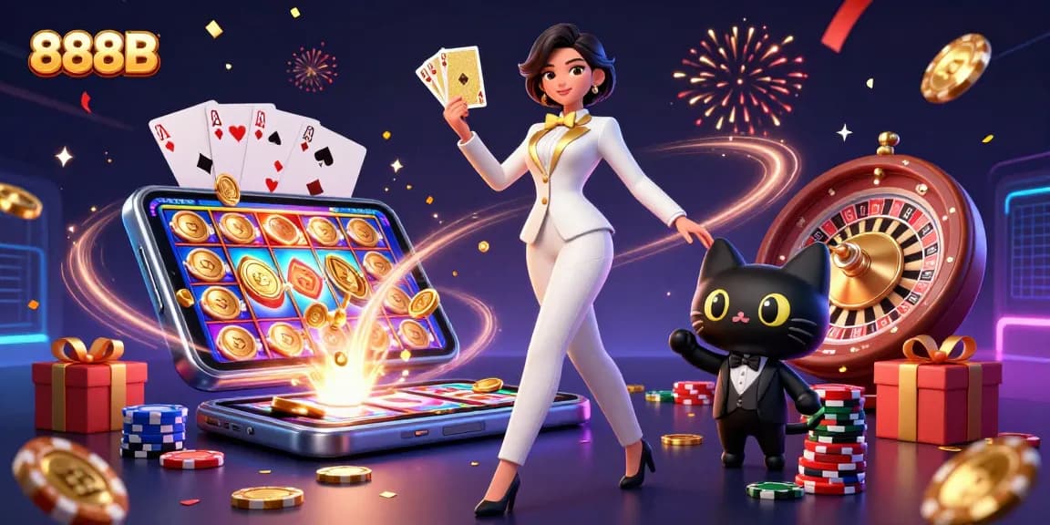 Engage with 888B's thrilling casino atmosphere featuring a glamorous dealer shuffling cards.