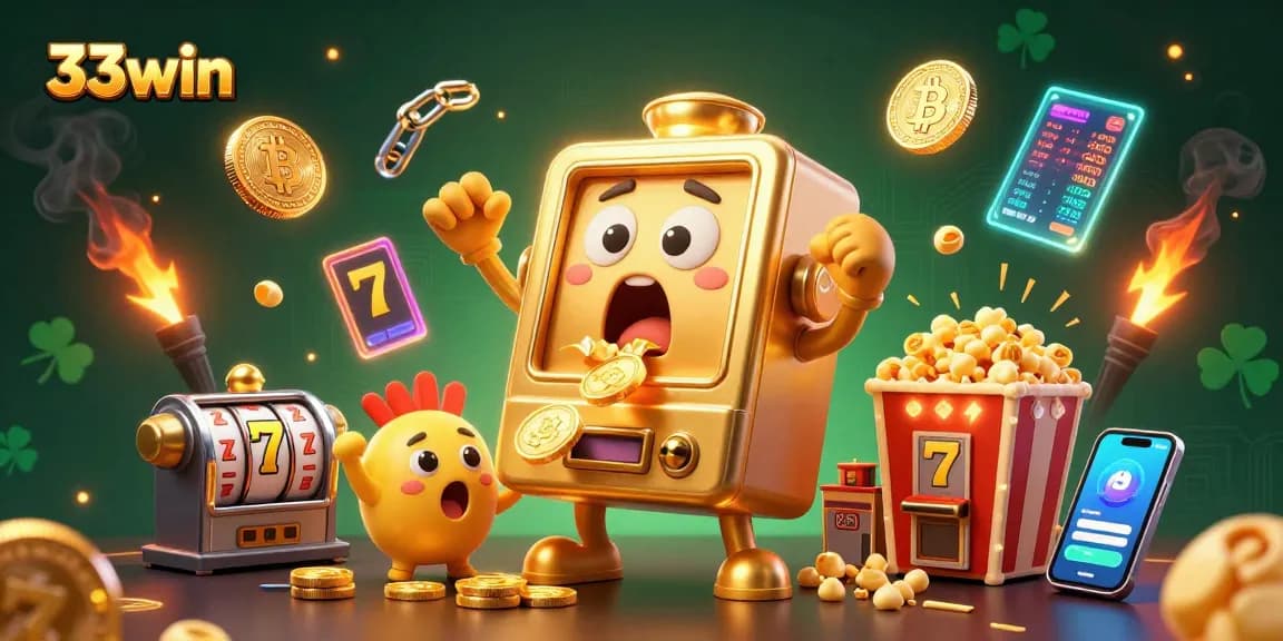 33win's exciting jackpot scene with animated slot machines and vibrant casino elements highlighting thrilling gameplay.