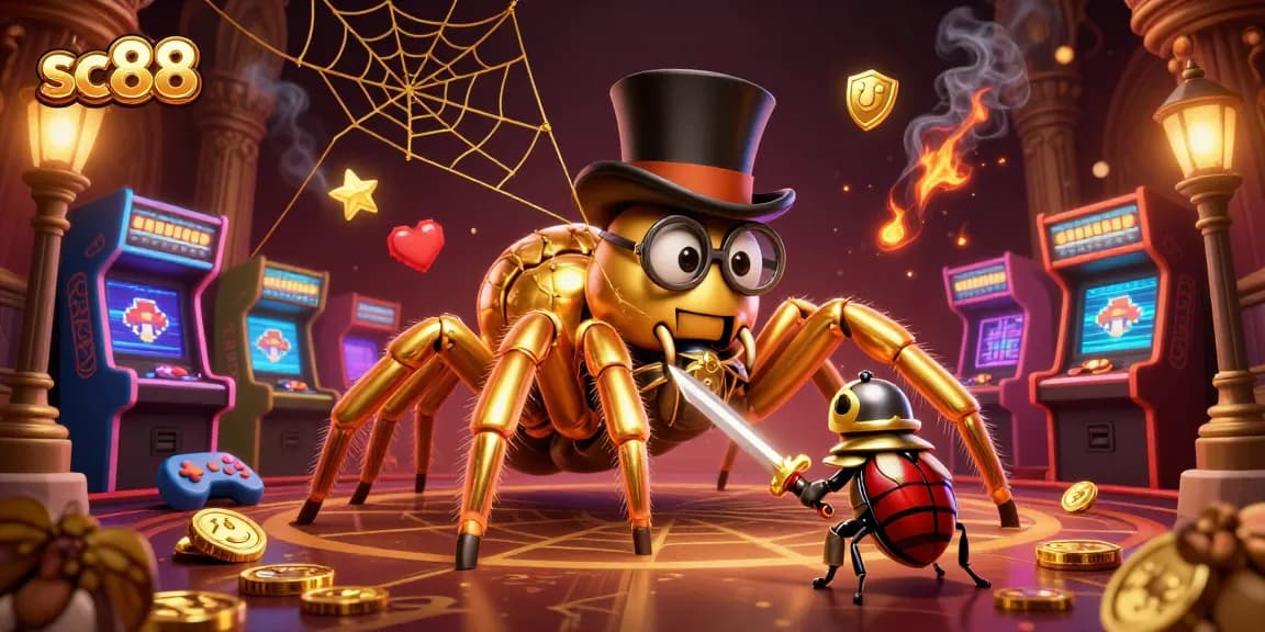 Engage with sc88's vibrant scene of a giant golden tarantula and beetle knight in a lively casino atmosphere.