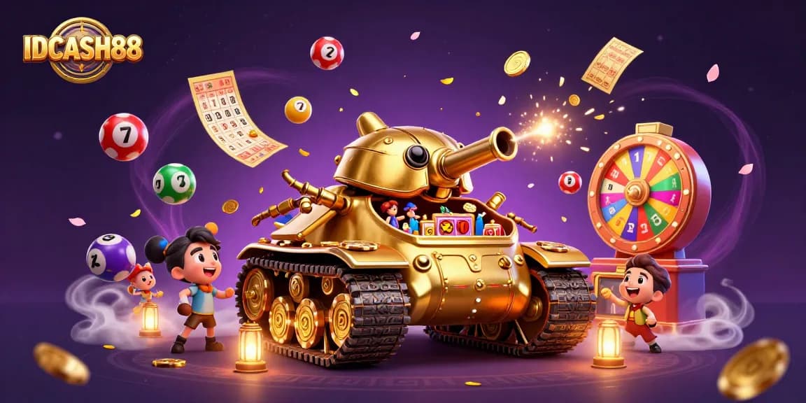 Experience exciting gameplay at IDCASH88 with a vibrant scene featuring a golden beetle tank casino and lively game elements.