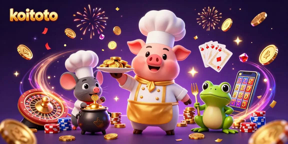 Koitoto, a vibrant casino scene featuring a chef pig, sous-chef mouse, and critic frog surrounded by golden coins and slot reels.